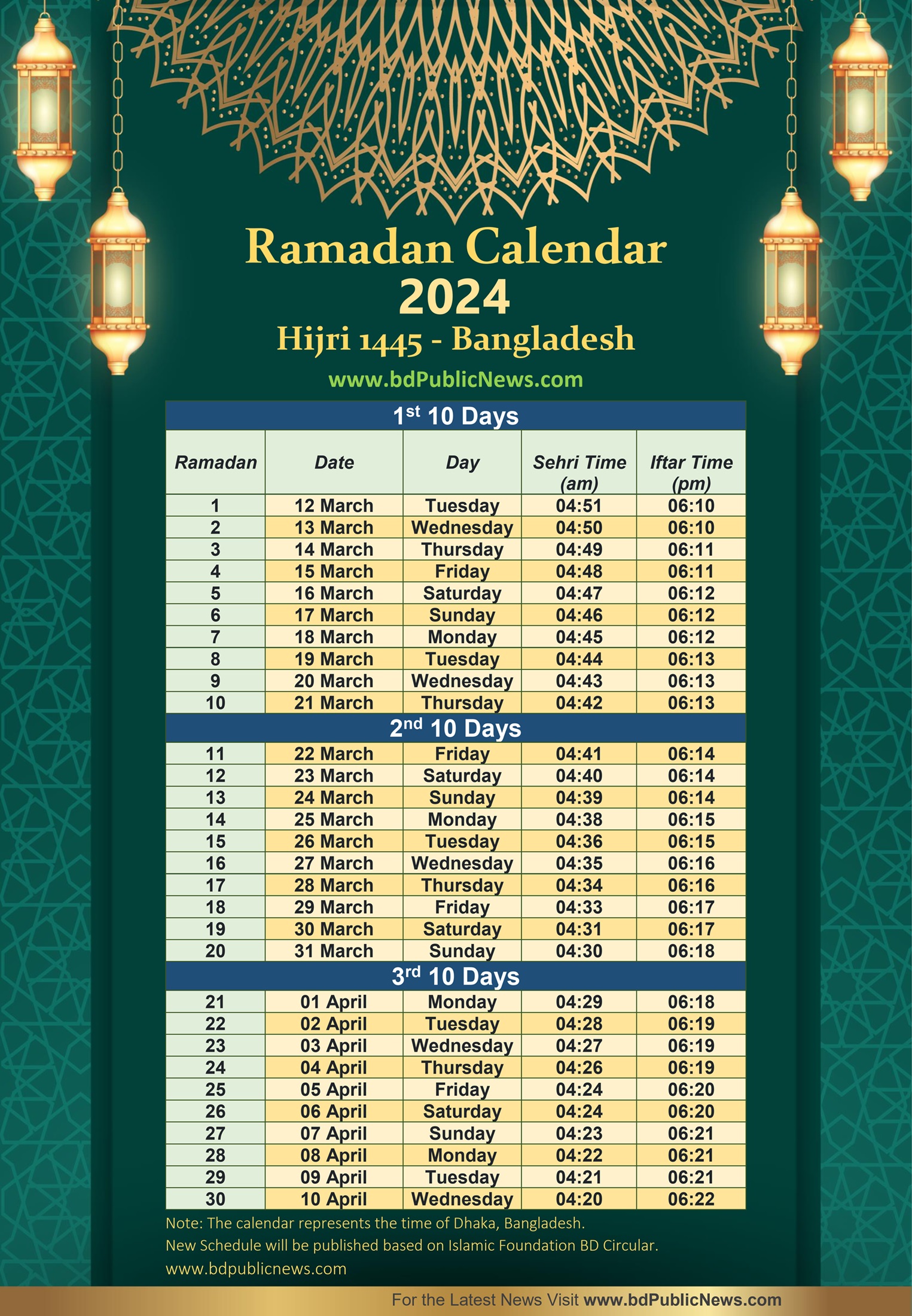 Ramadan Calendar 2024 Bangladesh with Sehri and Iftar Time Islamic