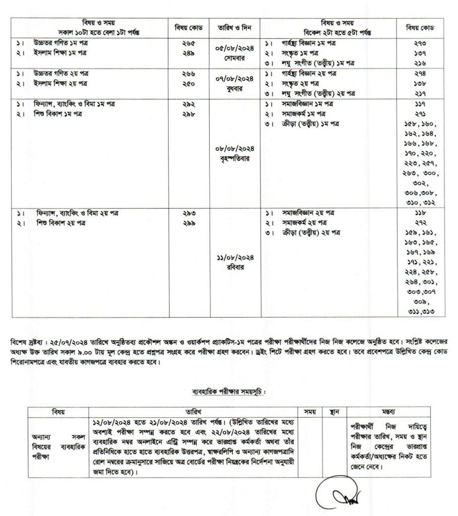 HSC Exam Routine 2024 - Schedule for All Board in Bangladesh P-2