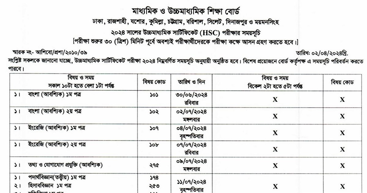 HSC Exam 2024 Routine for All Education Board in Bangladesh BD Public