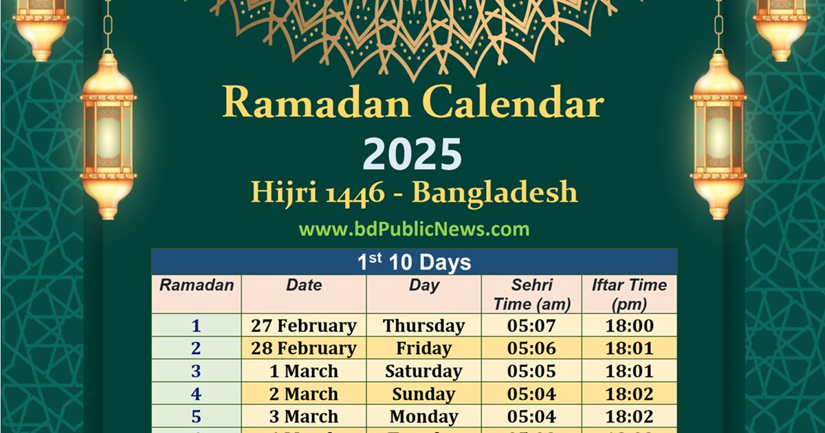 Ramadan Calendar 2025 Bangladesh Iftar Sehri Time Schedule BD