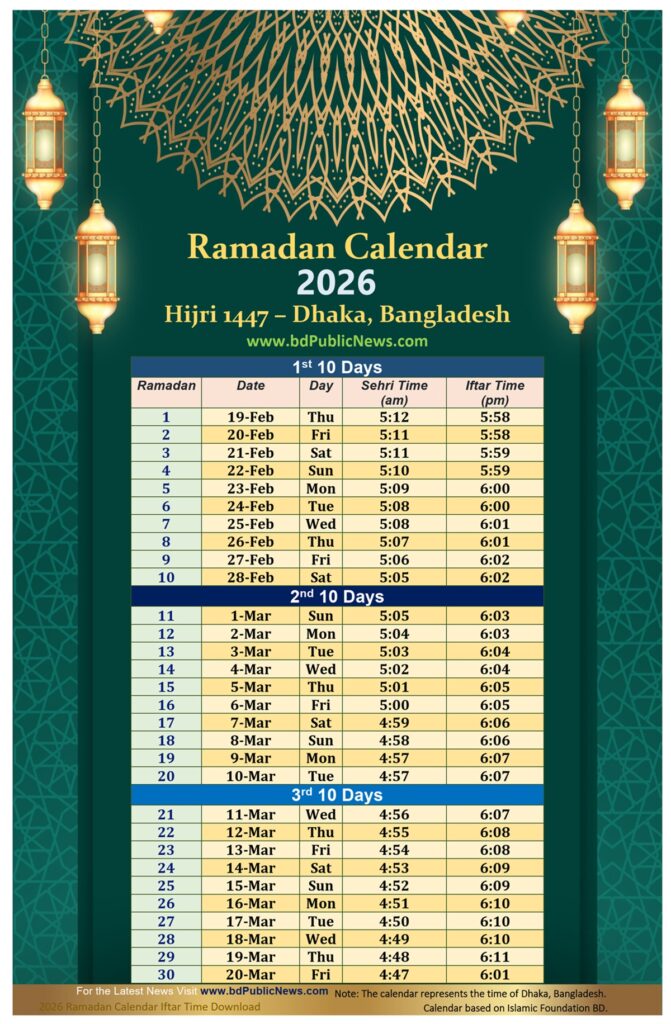 Ramadan Calendar 2026 : Sehri & Iftar Time Bangladesh All Districts 1 Ramadan Calendar 2026 Iftar Sehri Time Bangladesh