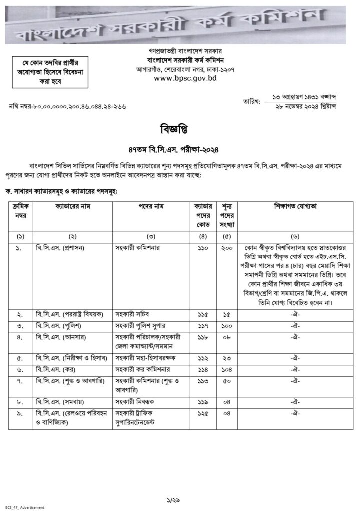 47 BCS Exam Circular 2024